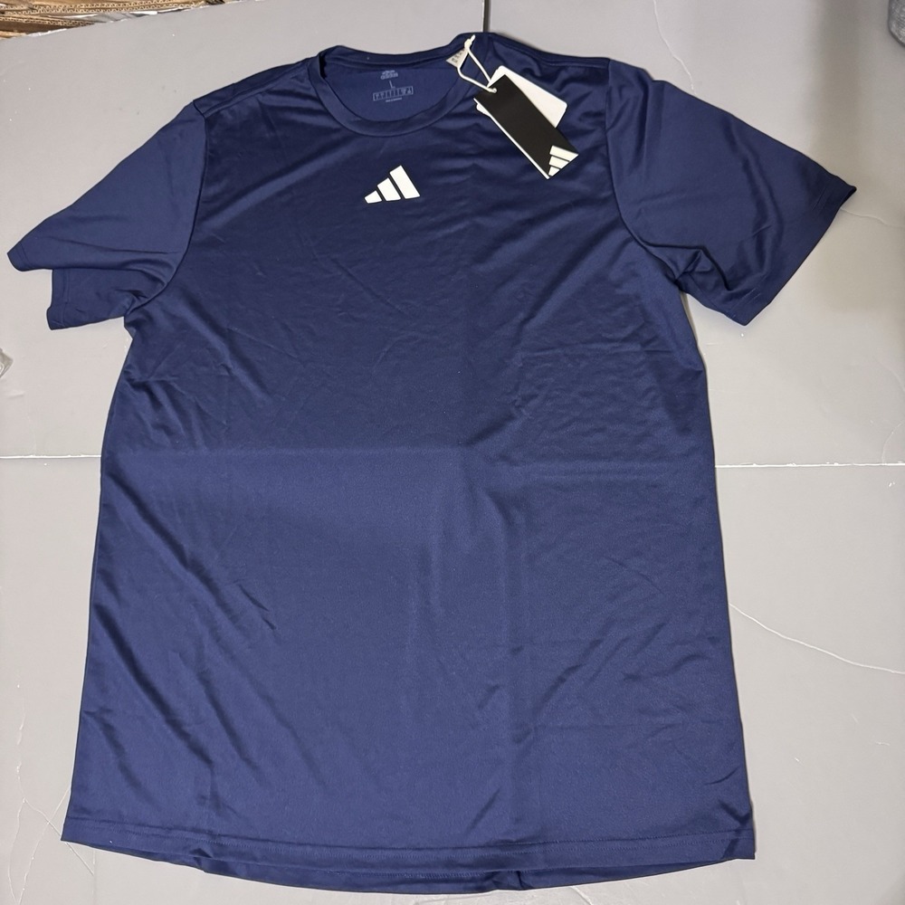 Adidas T Shirt Tee L Large Pregame Short Sleeve Navy Blue White Logo Utility B